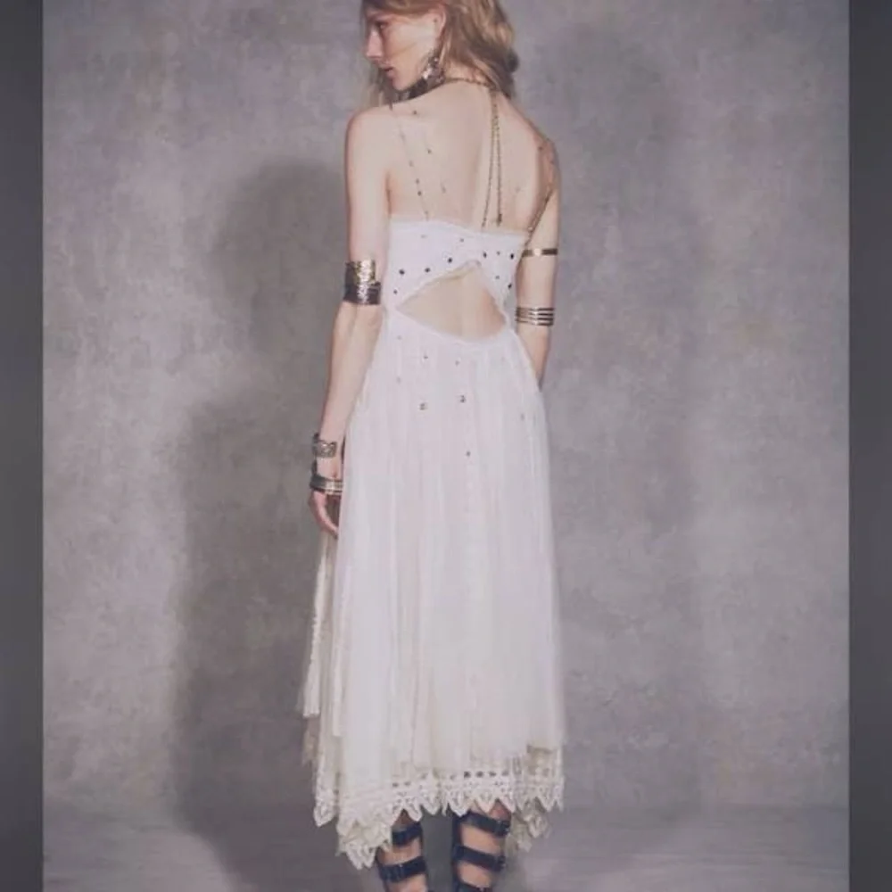 Free People Studded Lace Party Maxi Dress Cream White Bohemian Peasant sz 10 NEW - Picture 3 of 7